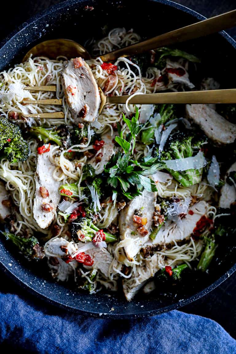 Simple Angel Hair Pasta with Chicken, Broccoli, Pancetta Sip Bite Go