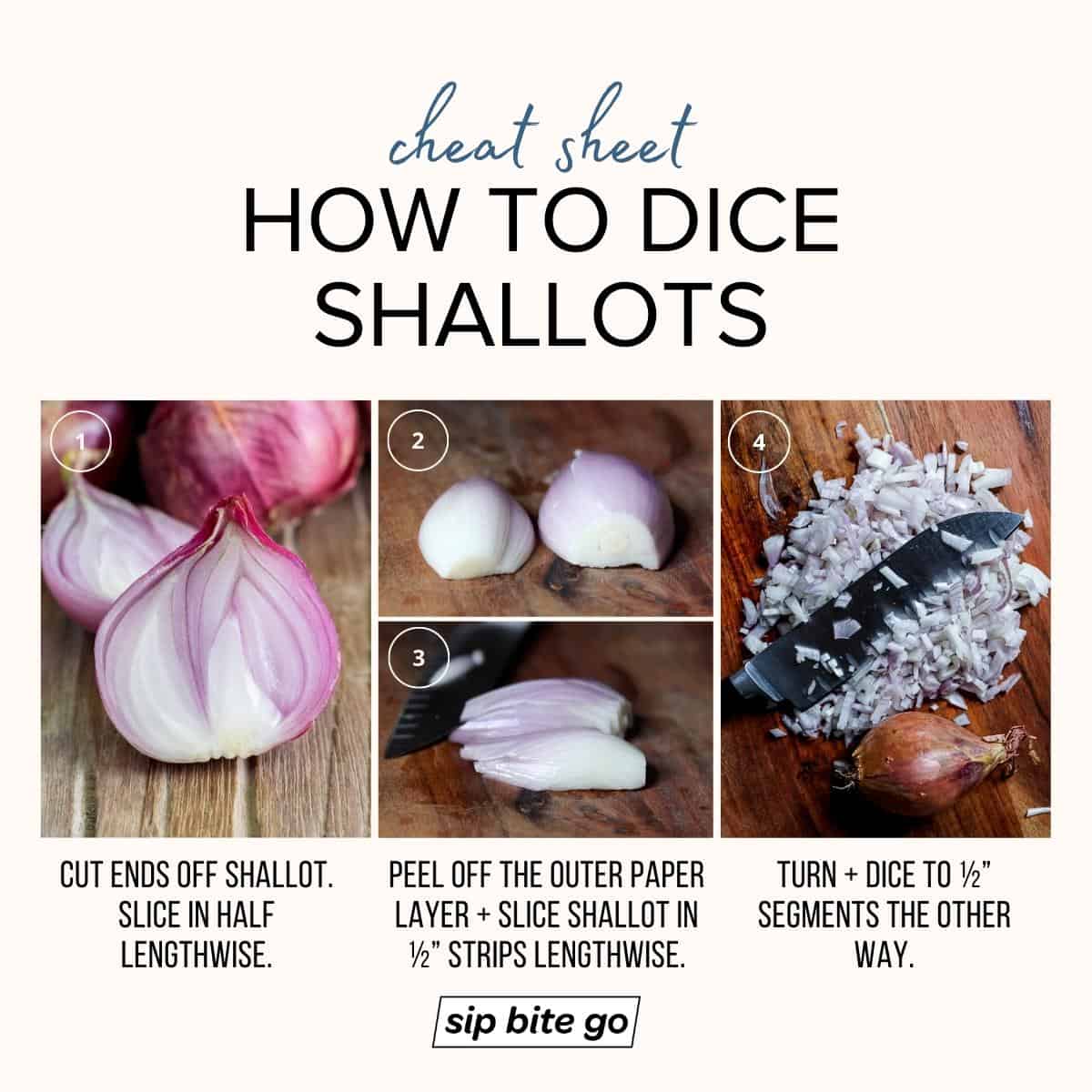 Infographic demonstrating How to dice shallots for caramelizing them