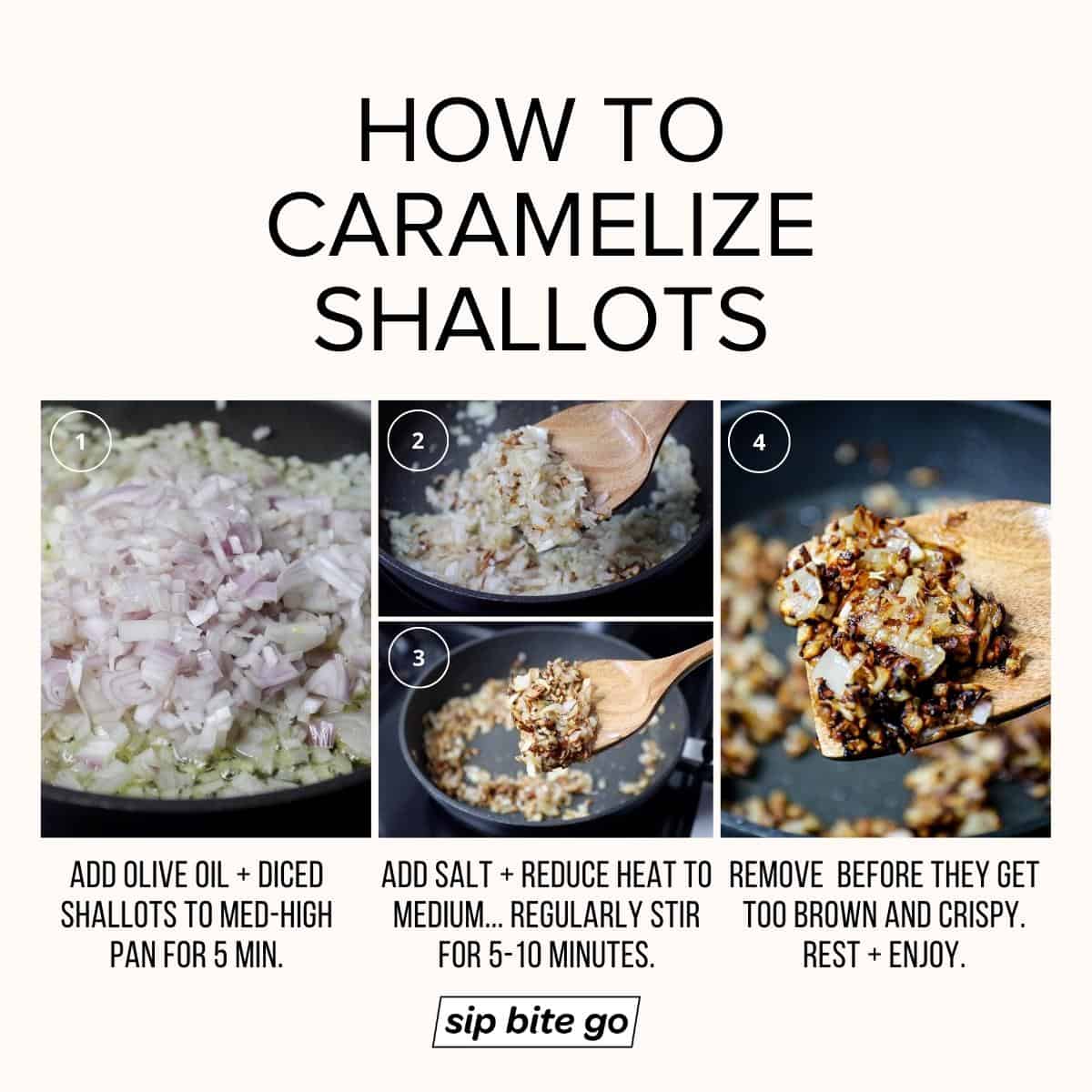 Infographic demonstrating how to caramelize shallots step by step