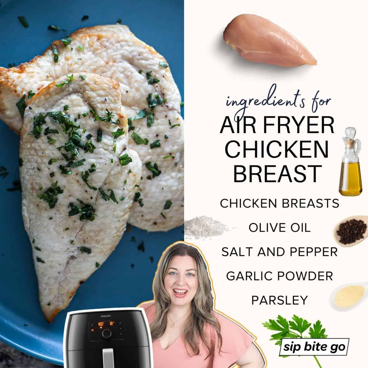 Infographic demonstrating ingredients for cooking chicken breast in air fryer machine from fresh or frozen