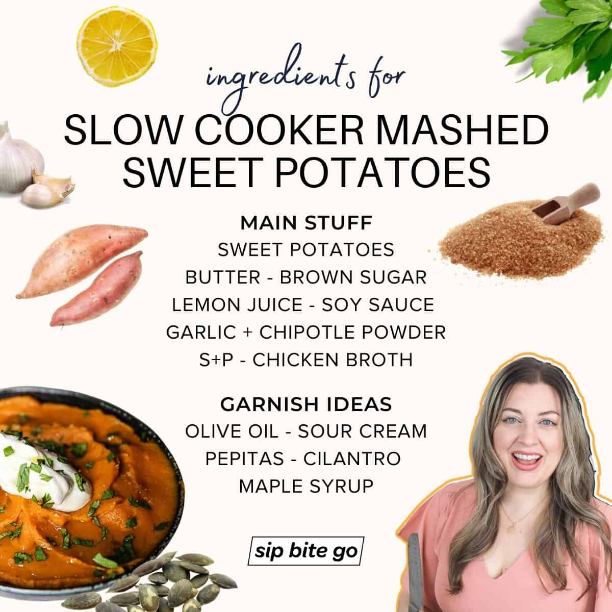 Infographic with ingredients for crock pot mashed sweet potatoes