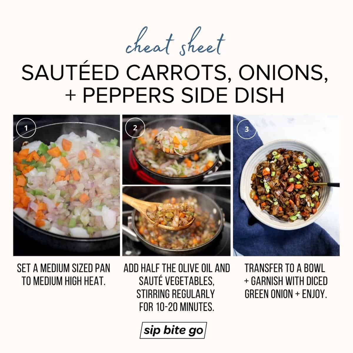 Infographic with step by step guide with captions to make sauteed carrots onions and peppers side dish recipe