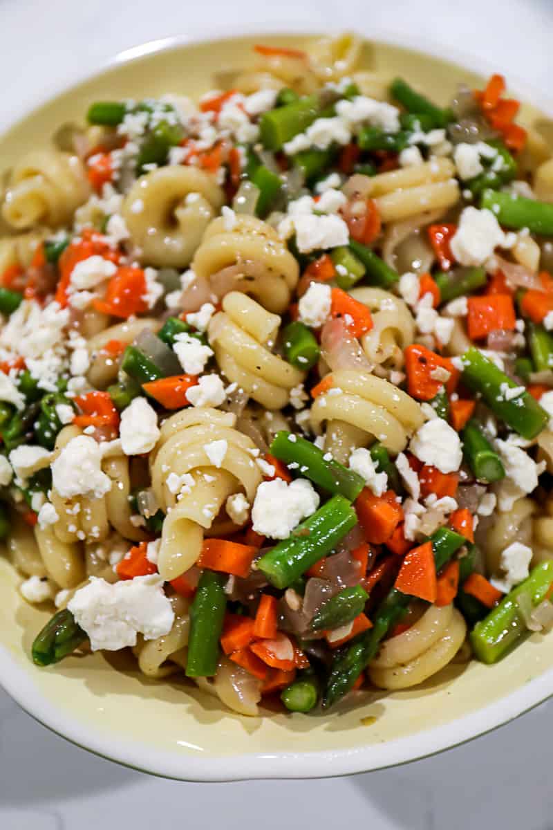 Side Dish Greek Pasta Salad with Feta Cheese Crumbles on top