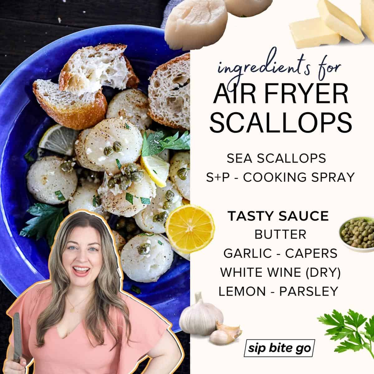 infographic with ingredients for scallops in air fryer recipe