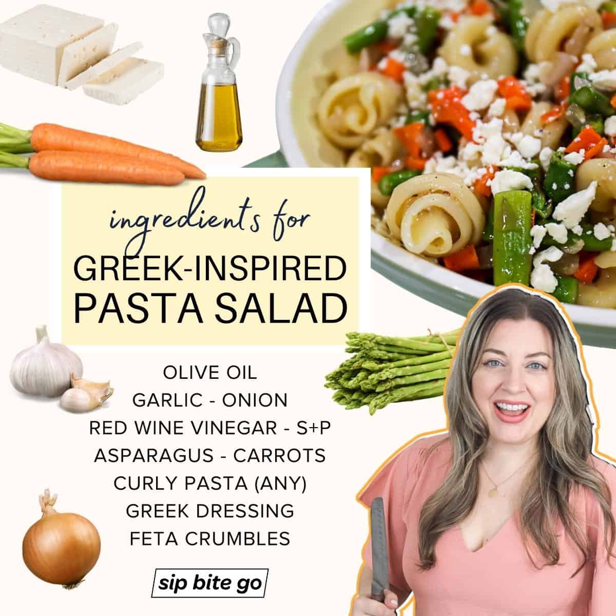 infographic with list of ingredients to make Greek pasta salad with vegetables and feta