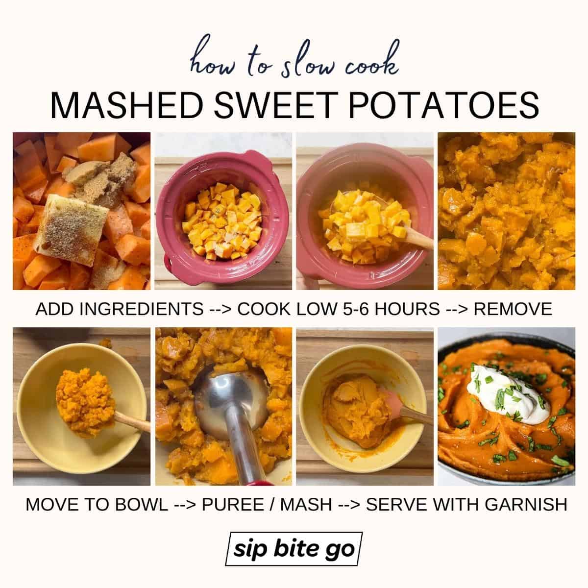 infographic demonstrating how to slow cook sweet potatoes in a crock pot with step by step photos