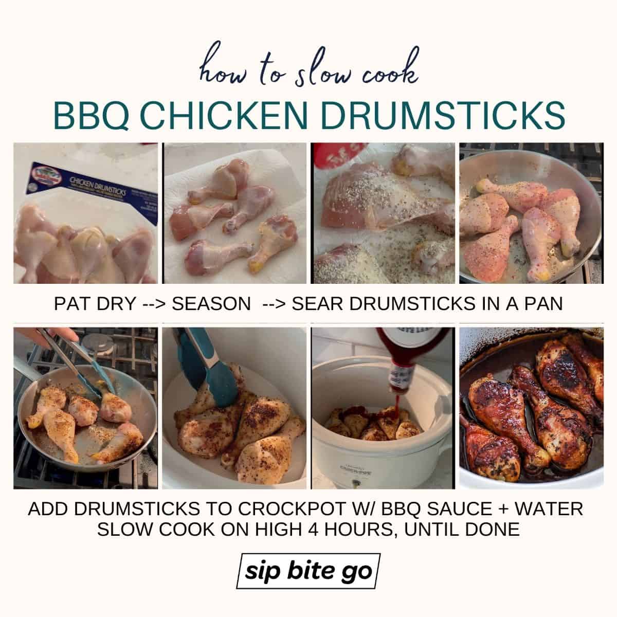 Infographic demonstrating how to slow cook bbq chicken drumsticks