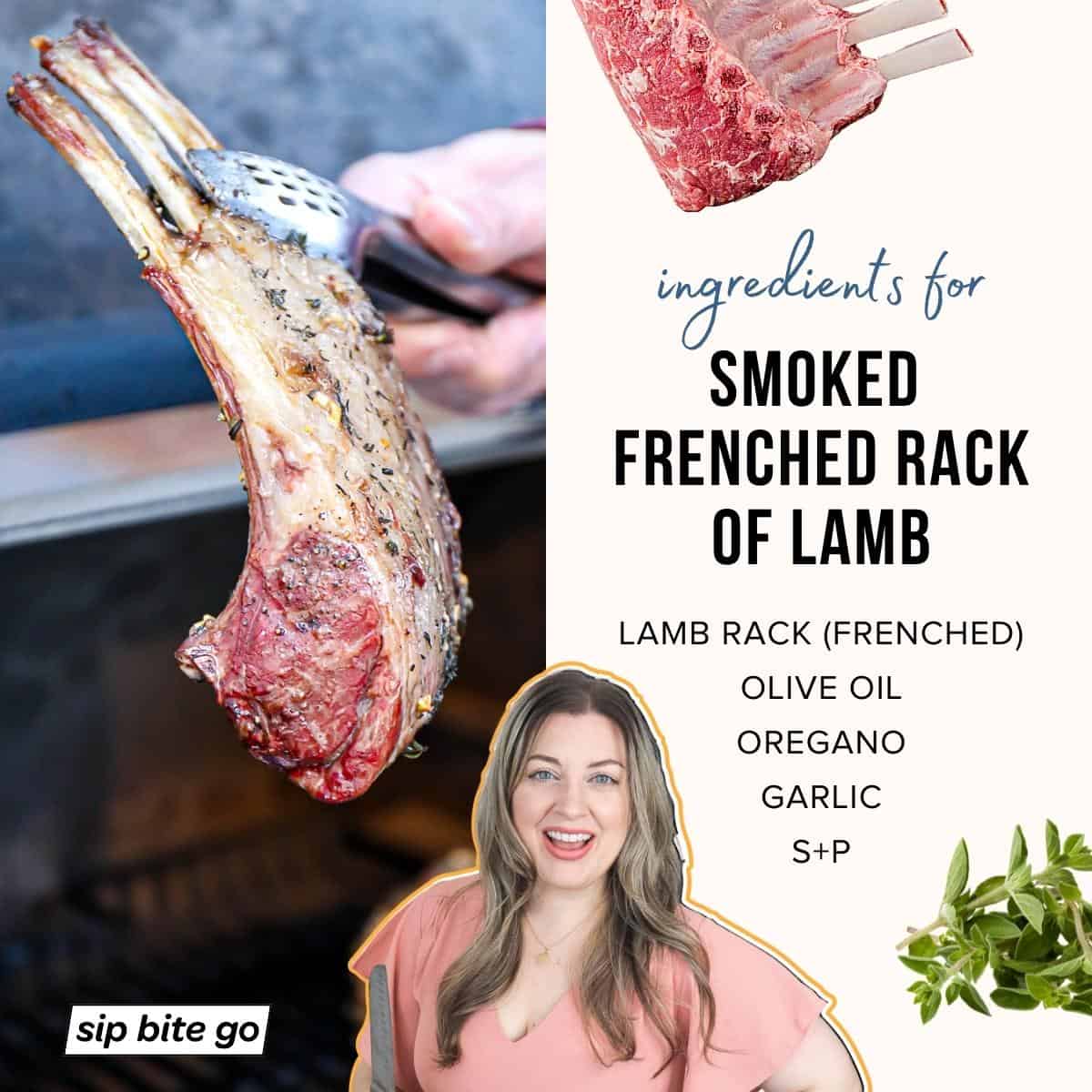 Infographic with image of Traeger smoked lamb rack ribs recipe ingredients