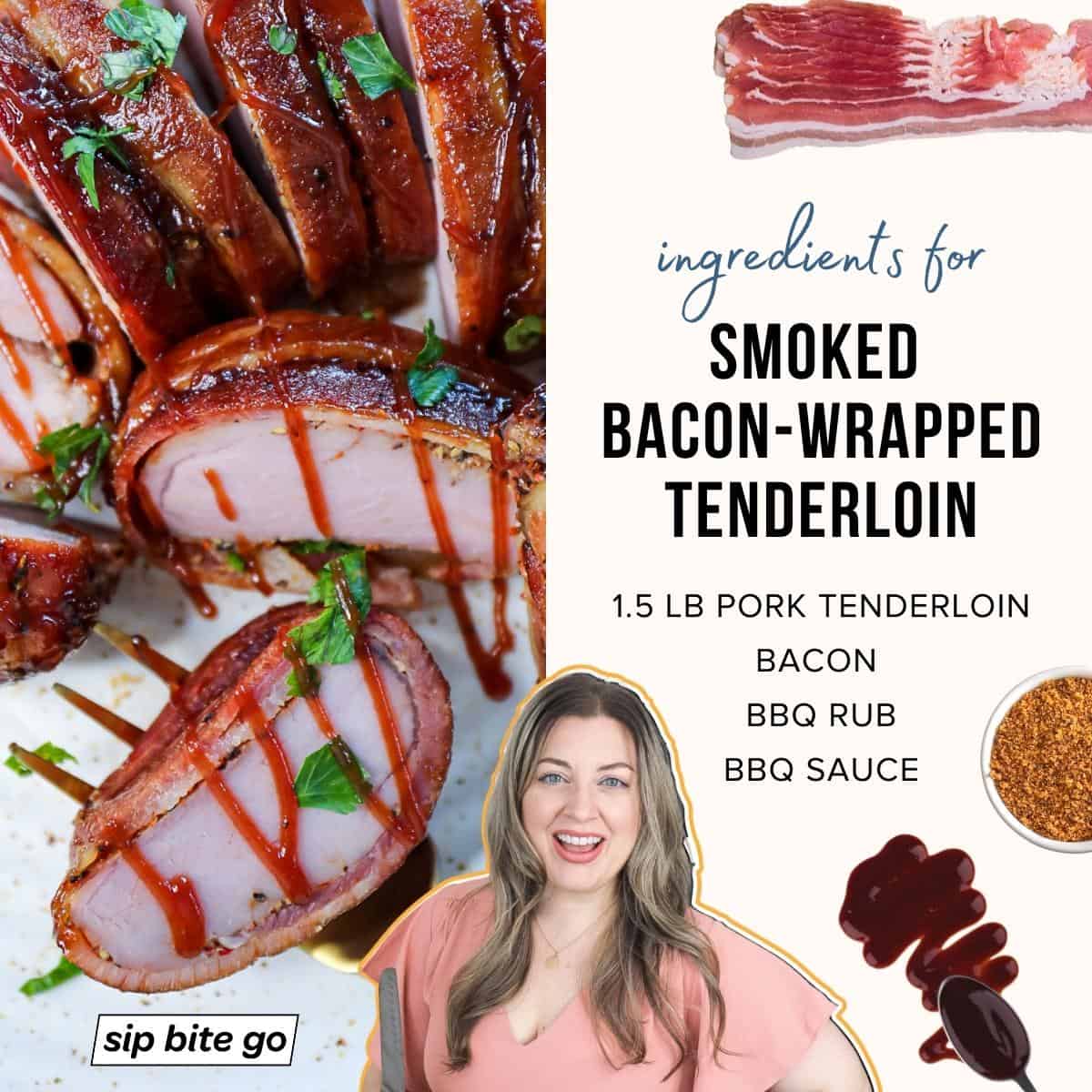 Infographic with ingredients to make bacon wrapped pork tenderloin in a smoker