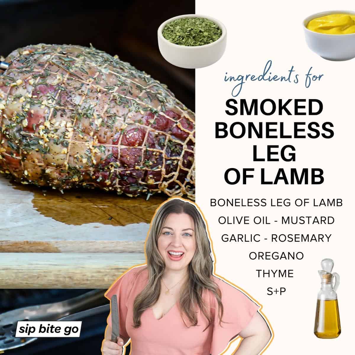 infographic with list of ingredients for smoking boneless leg of lamb on traeger with text overlay