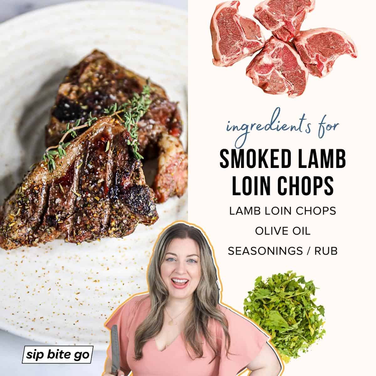 Infographic with list of ingredients to make pellet grill smoked lamb loin chops