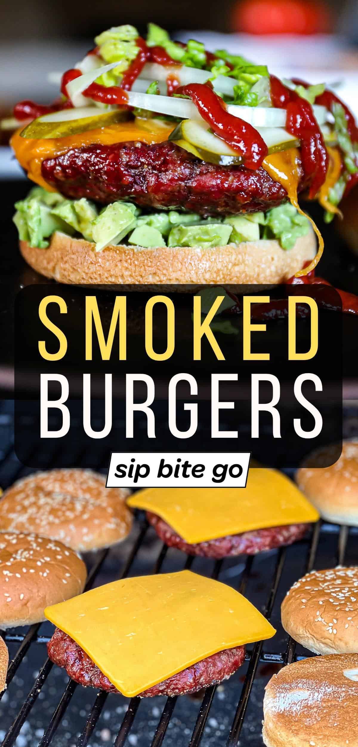 Traeger Smoked Burgers Recipe images with cheese on hamburgers and text overlay