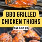 BBQ Grilled Chicken Thighs recipe images with gas grill and text overlay