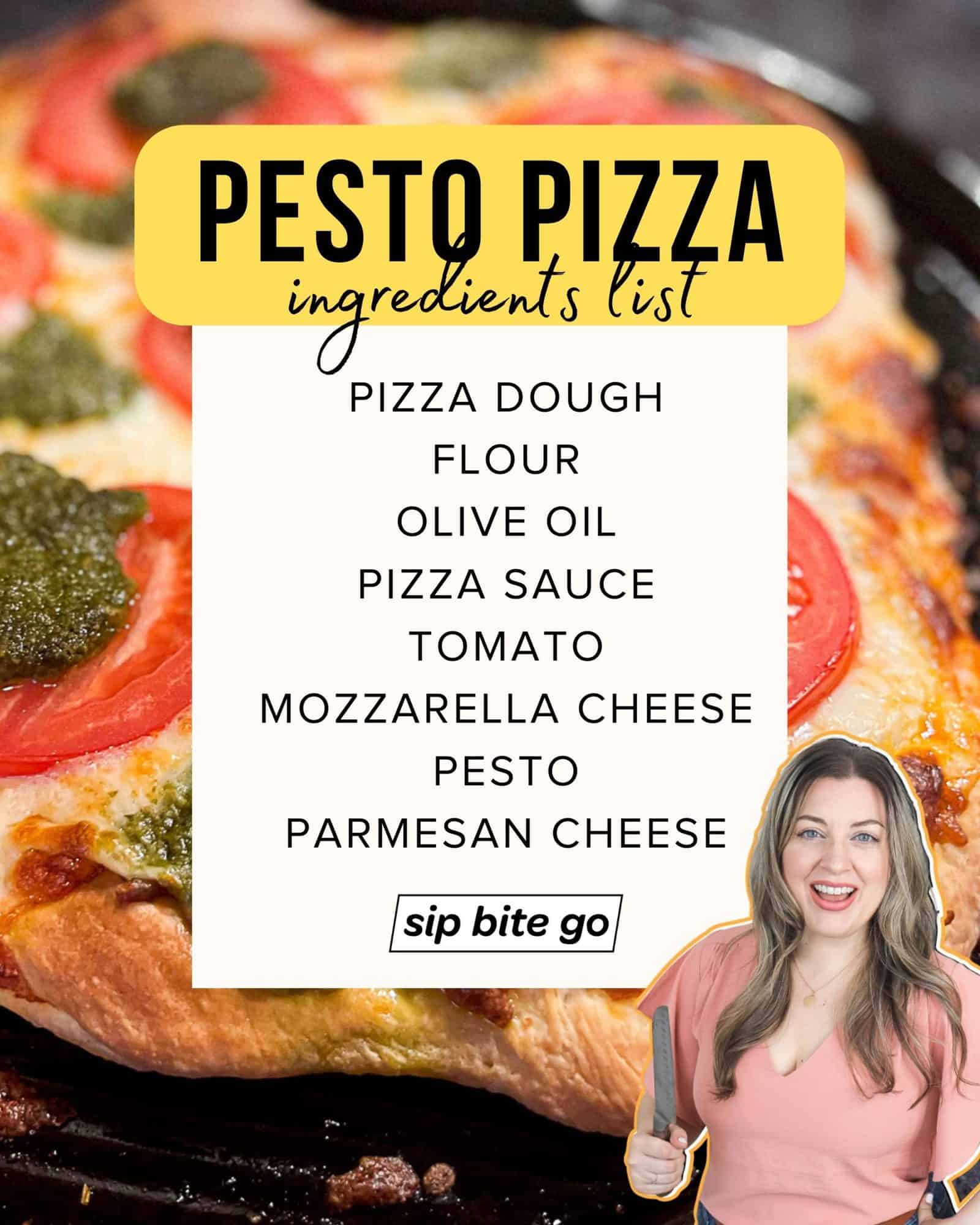 Infographic with ingredient list for pizza topped with pesto and tomatoes and mozzarella chees