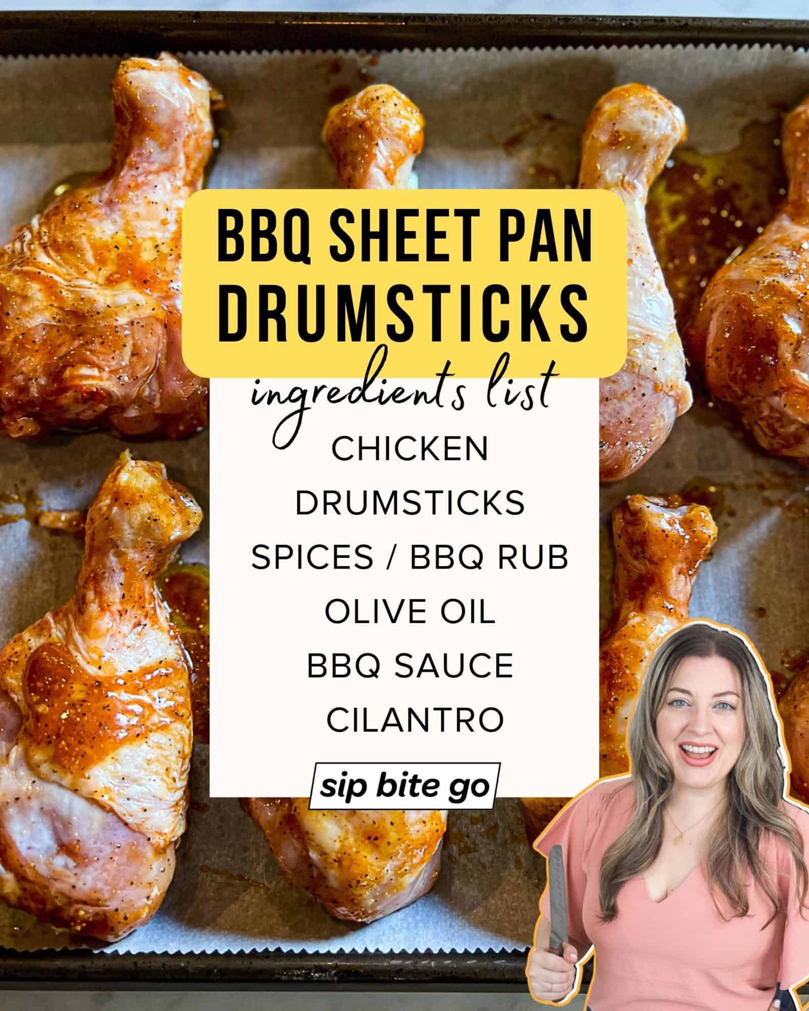 Infographic with ingredients list for sheet pan drumsticks recipe