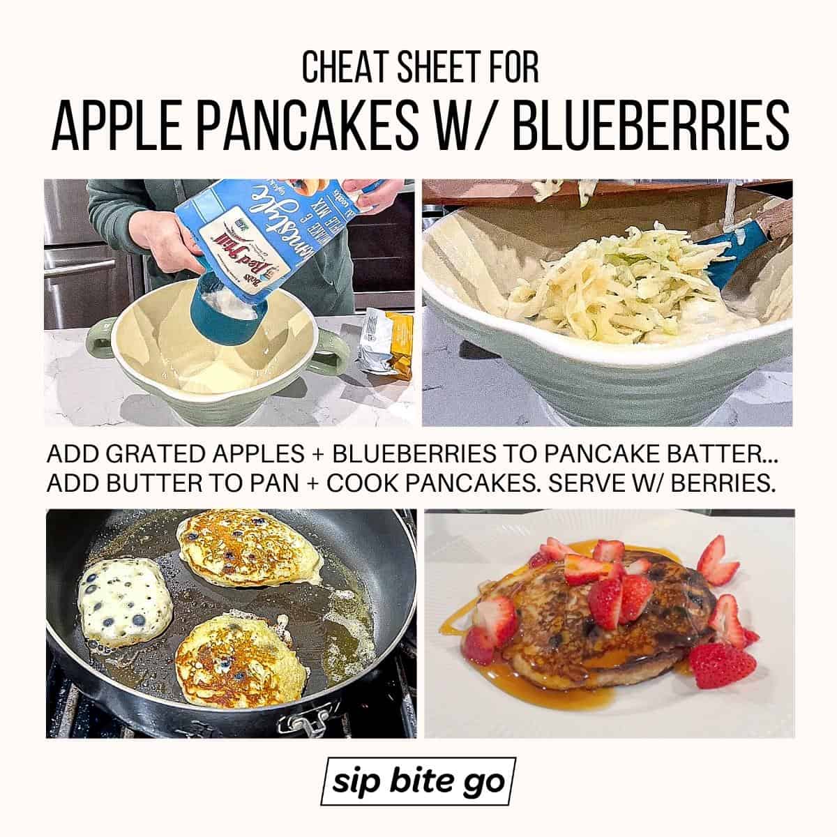 Infographic with recipe steps for making Apple Pancakes With Blueberries