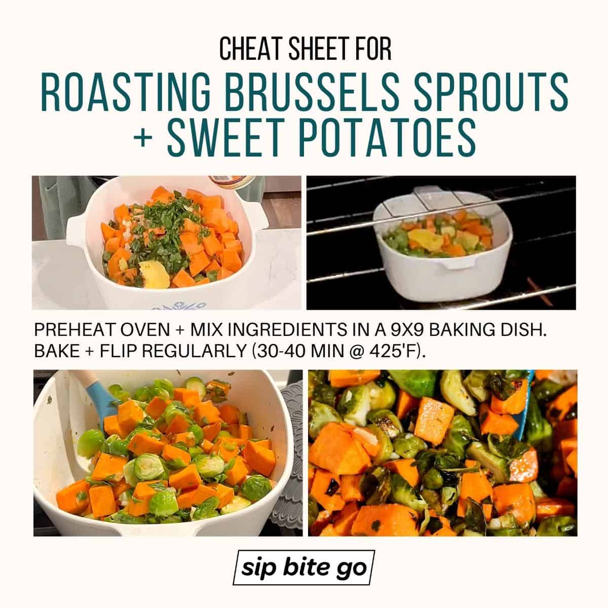 Infographic with steps and captions demonstrating how to roast brussels sprouts and sweet potatoes together