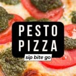 Oven Baked Pesto Pizza On A Pizza Stone with text overlay