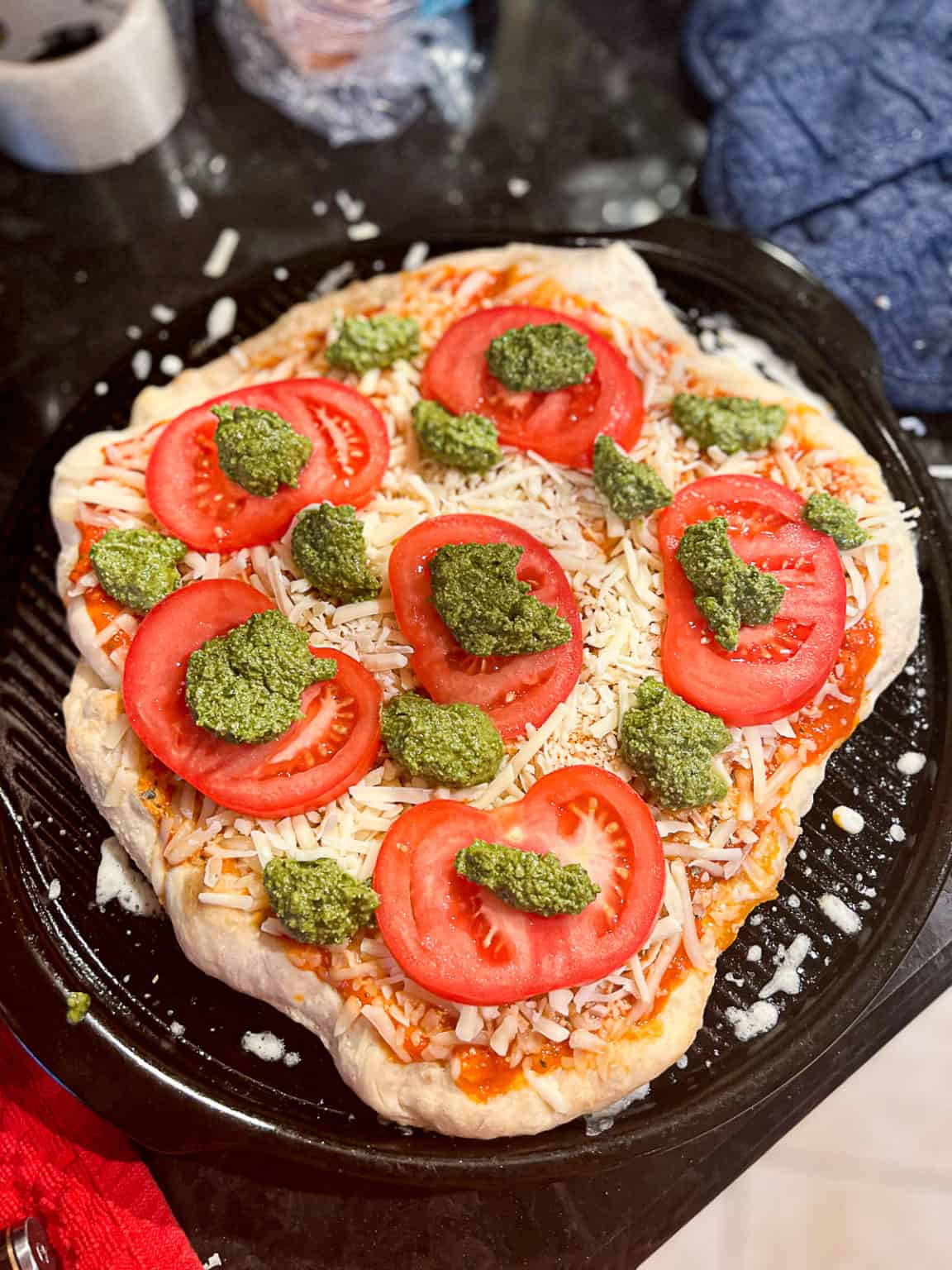 Vegetarian Pesto Pizza With Tomatoes, Mozzarella Cheese Sip Bite Go