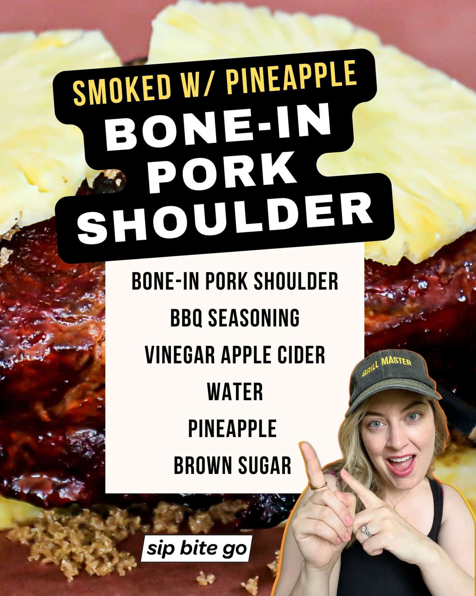 Infographic with ingredients for smoked bone in pork shoulder kulua style with pineapple and brown sugar