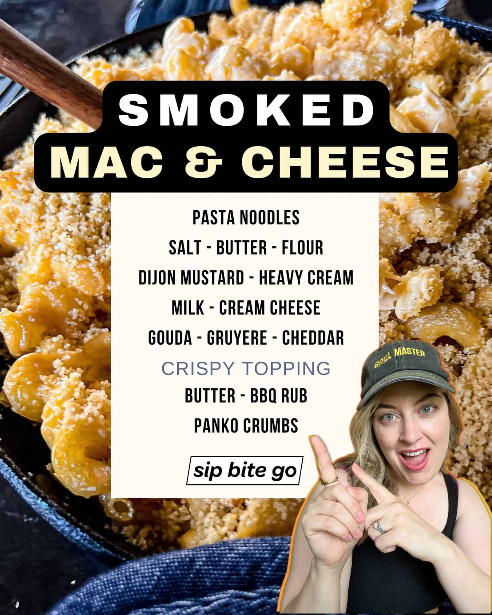 Infographic with ingredients for smoked mac and cheese recipe on the Traeger with gouda