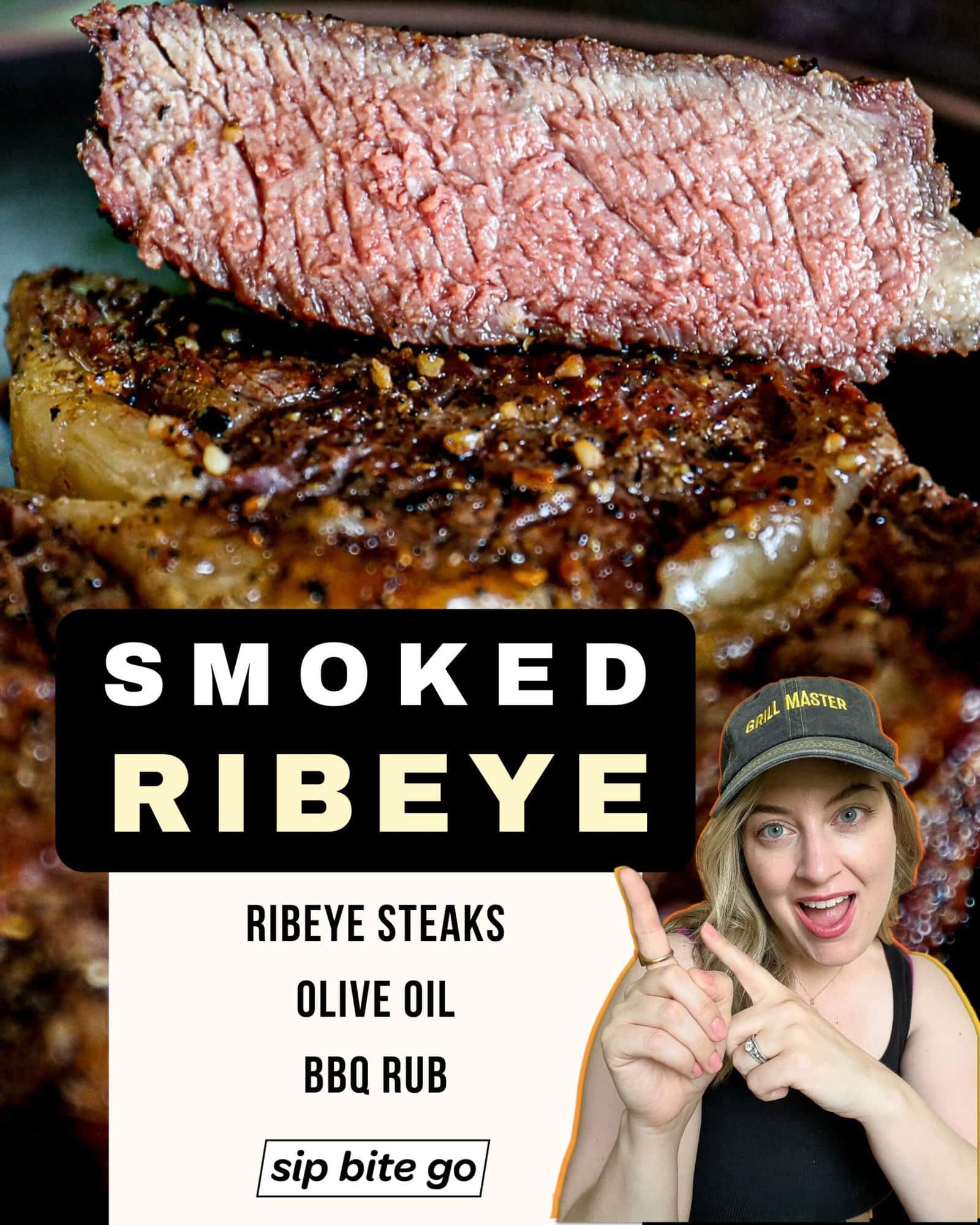 Infographic with ingredients for smoking ribeye steaks on traeger grills