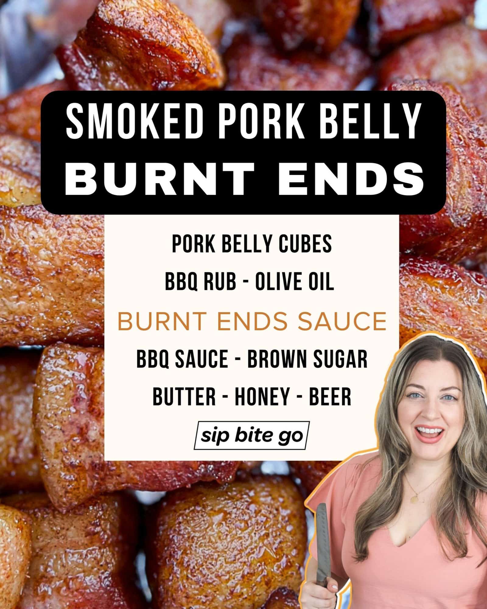 Infographic with ingredients list for smoked pork belly burnt ends recipe