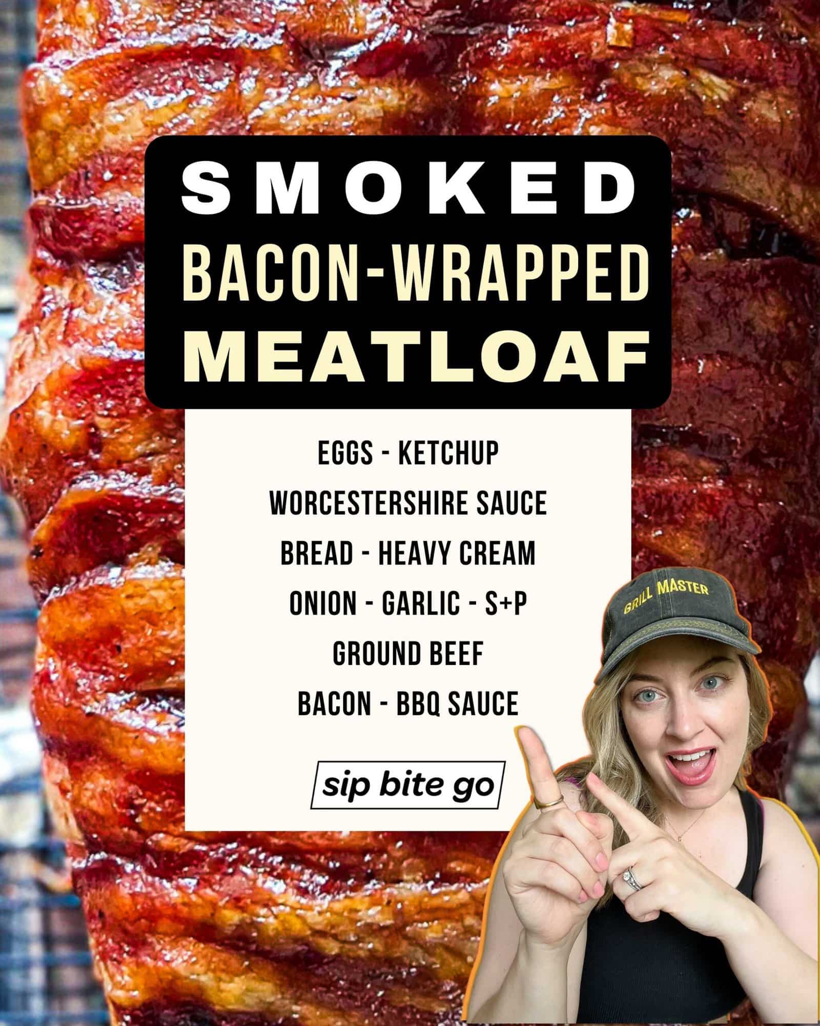 Infographic with smoked bacon wrapped meatloaf ingredients list with recipe image
