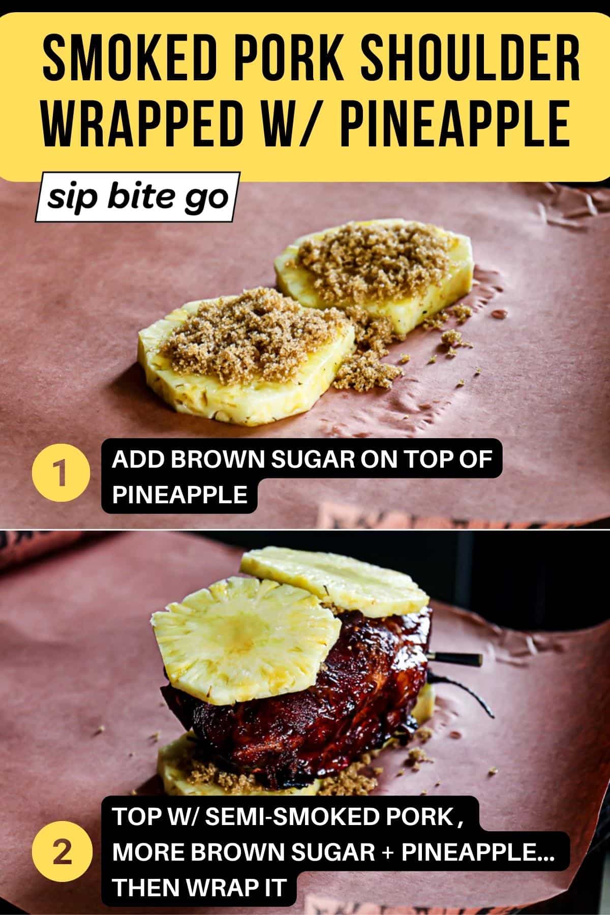 Infographic with steps for wrapping bone in smoked pork shoulder with pineapple