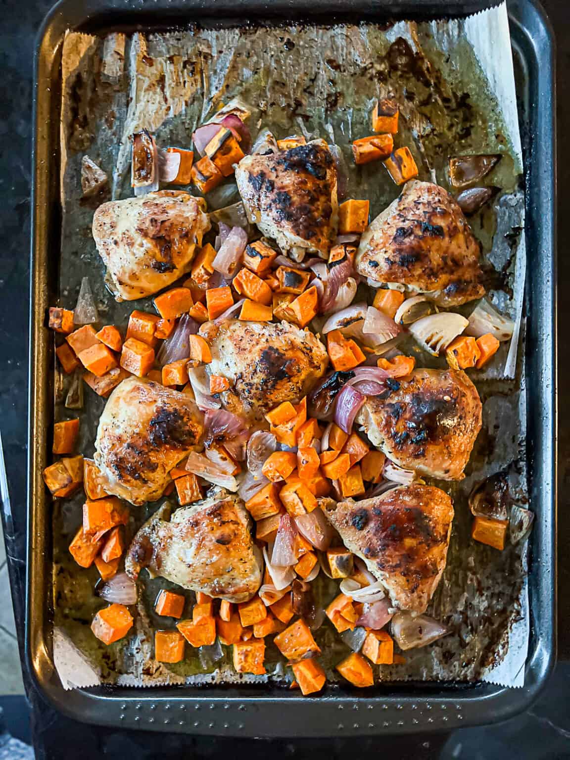 Oven Roasted Sheet Pan Chicken Thighs + Sweet Potatoes Sip Bite Go
