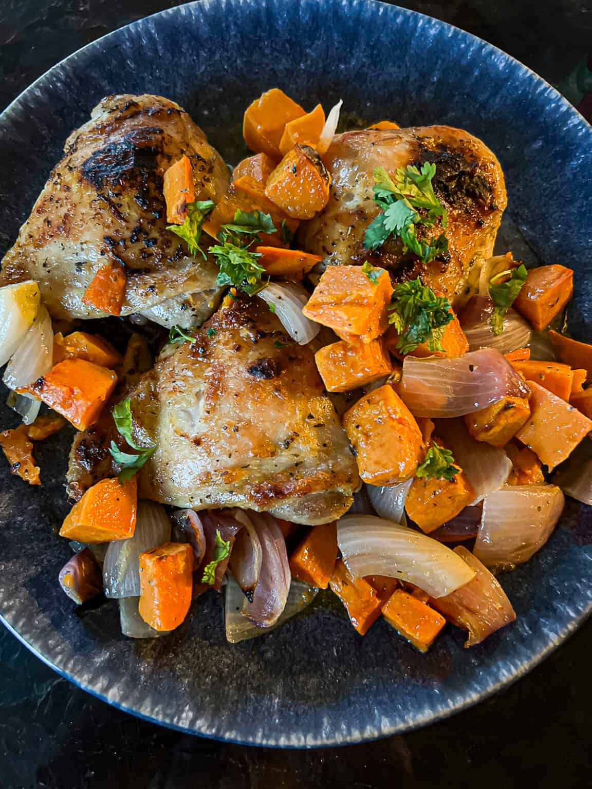 Oven Roasted Sheet Pan Chicken Thighs + Sweet Potatoes Sip Bite Go