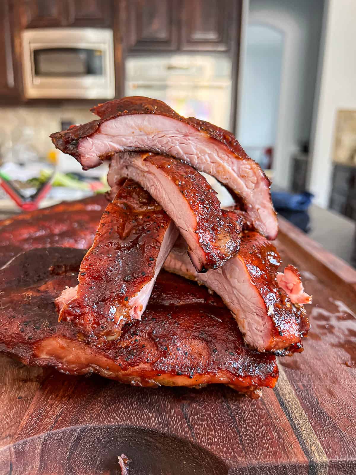 Individual smoked pork ribs done 321 style on the Treager pellet grill