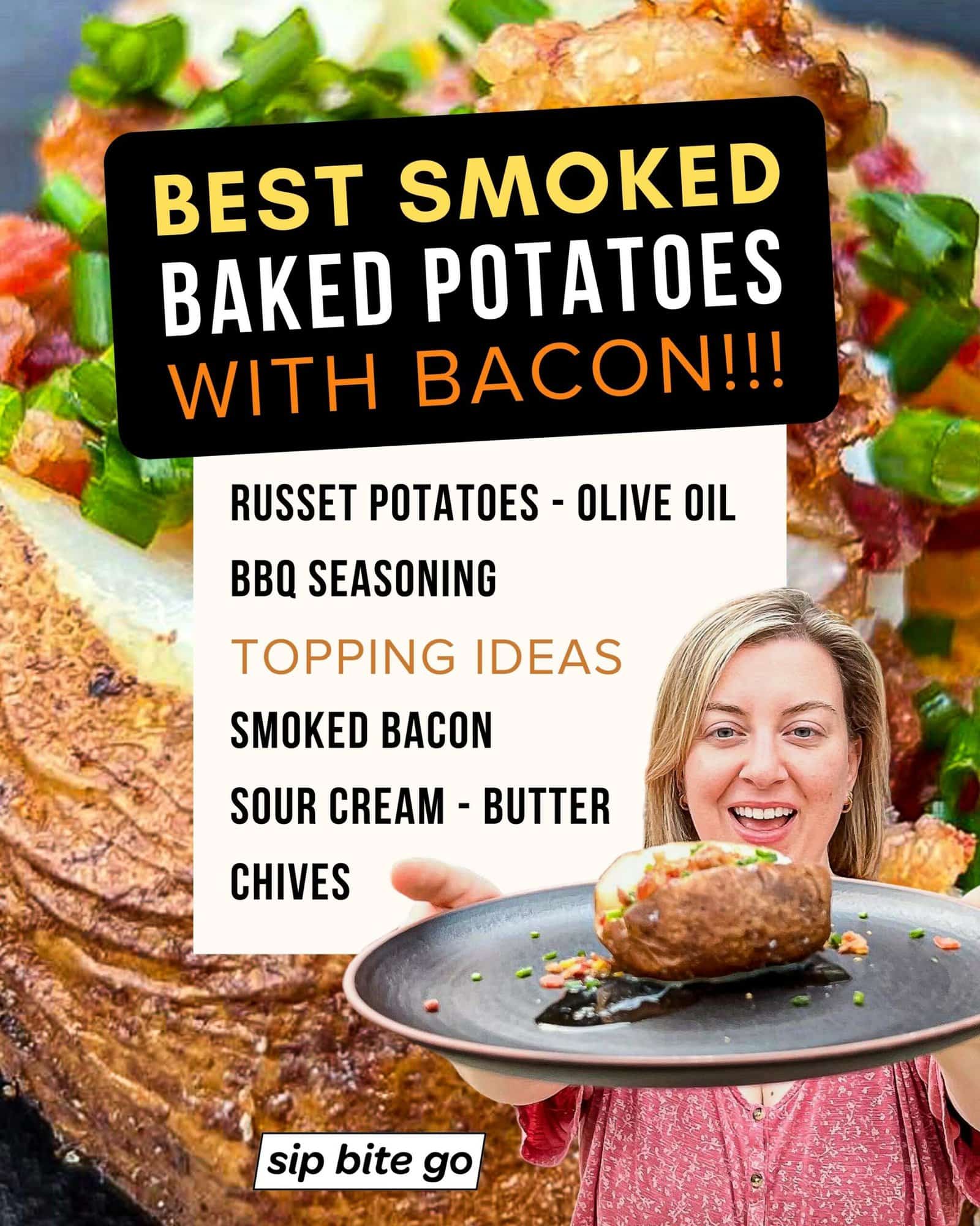 Infographic with ingredients list for smoked baked potatoes with smoked bacon