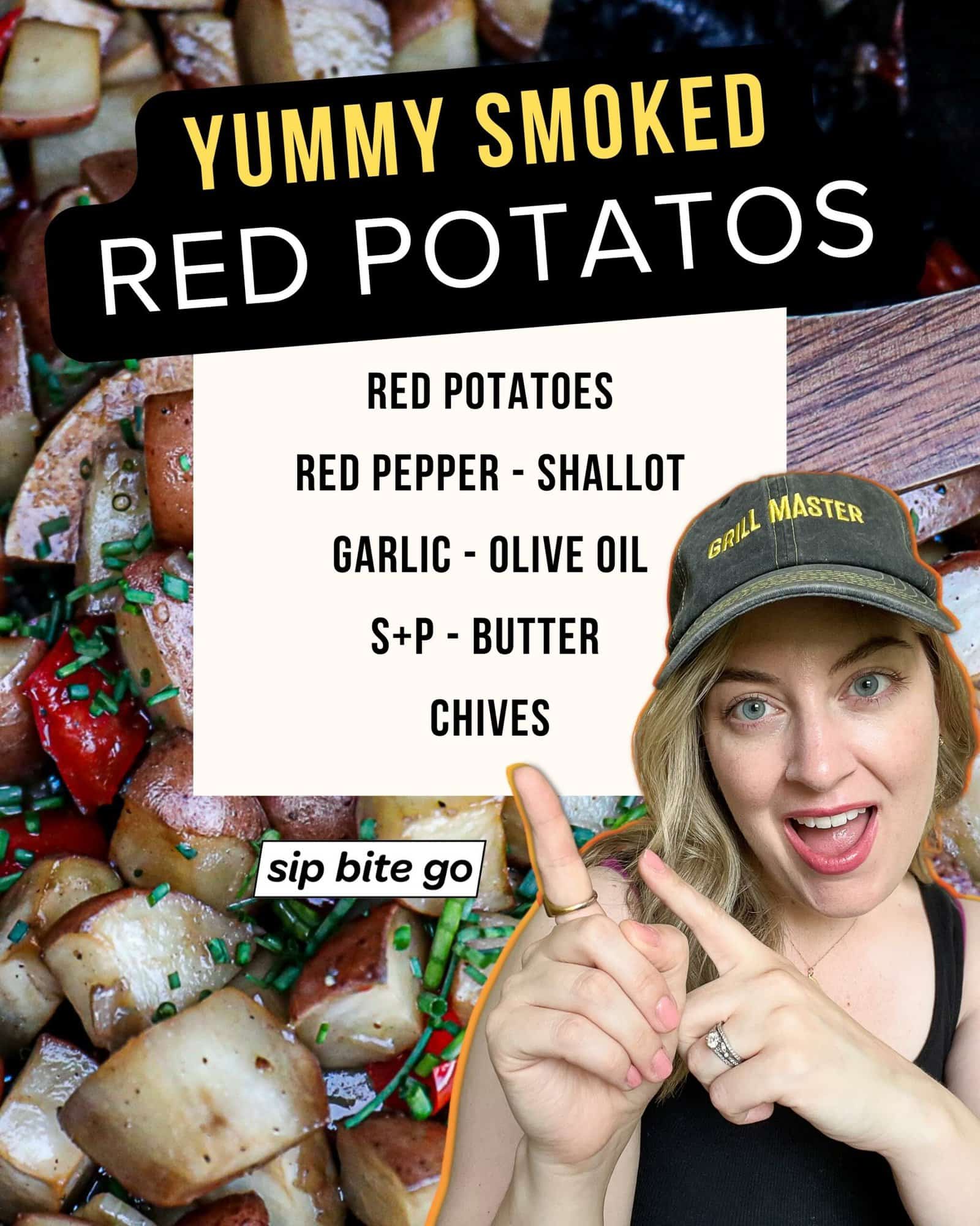 Infographic with list of ingredients and recipe photos for smoking red potatoes on the Traeger grill