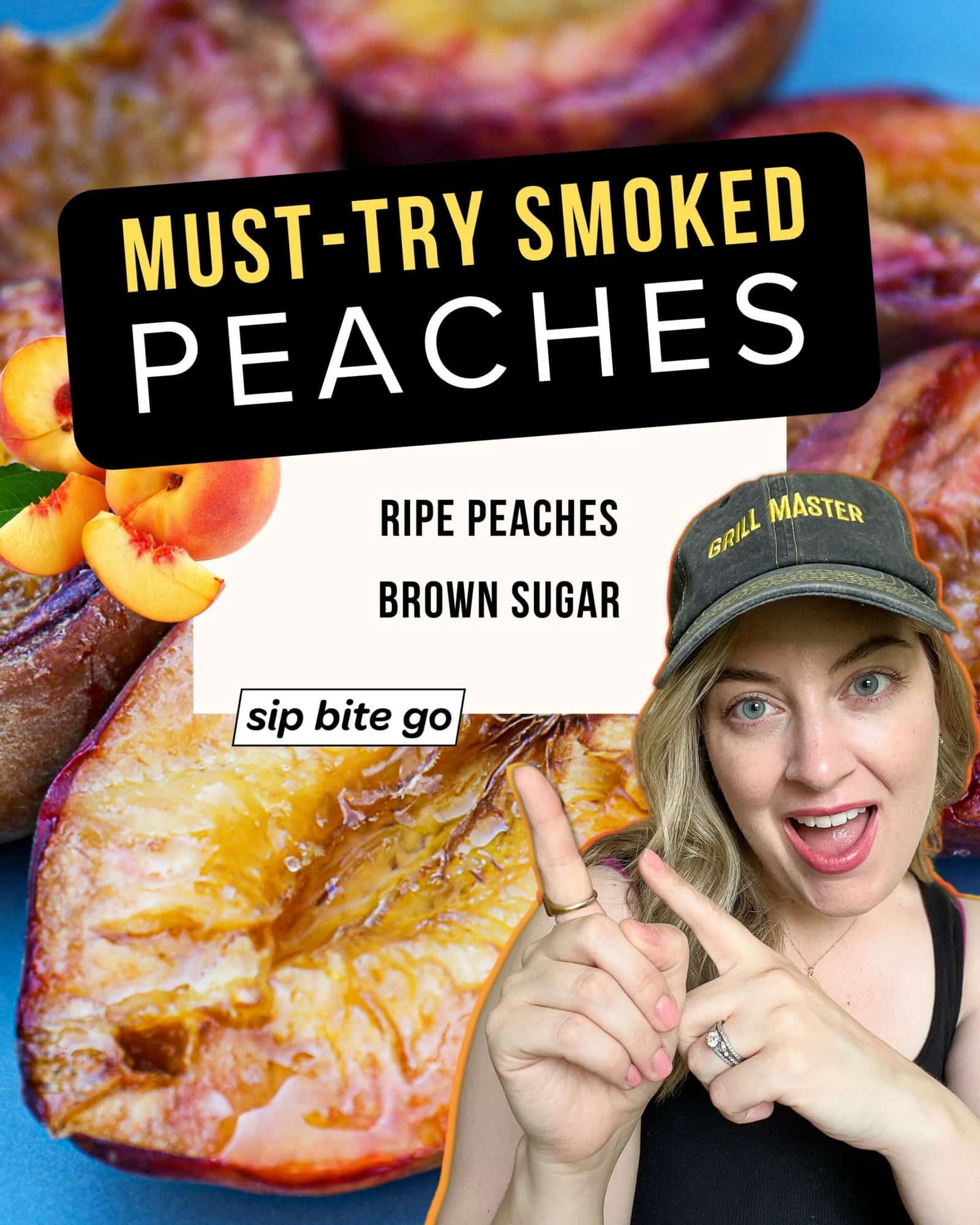 Infographic with list of ingredients for smoking peaches on the traeger pellet grill