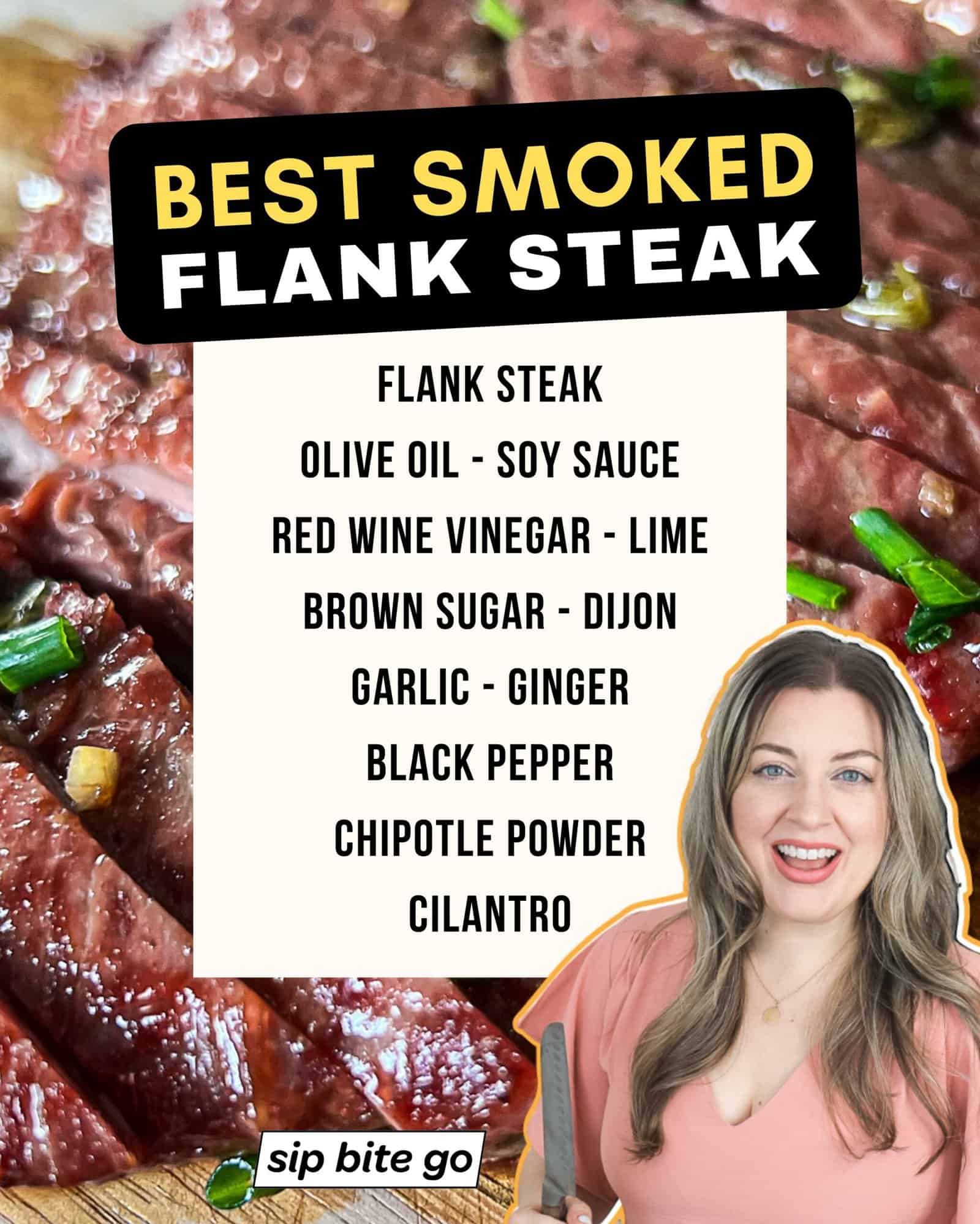 Infographic with list of ingredients to make smoked flank steak on the Traeger pellet gril