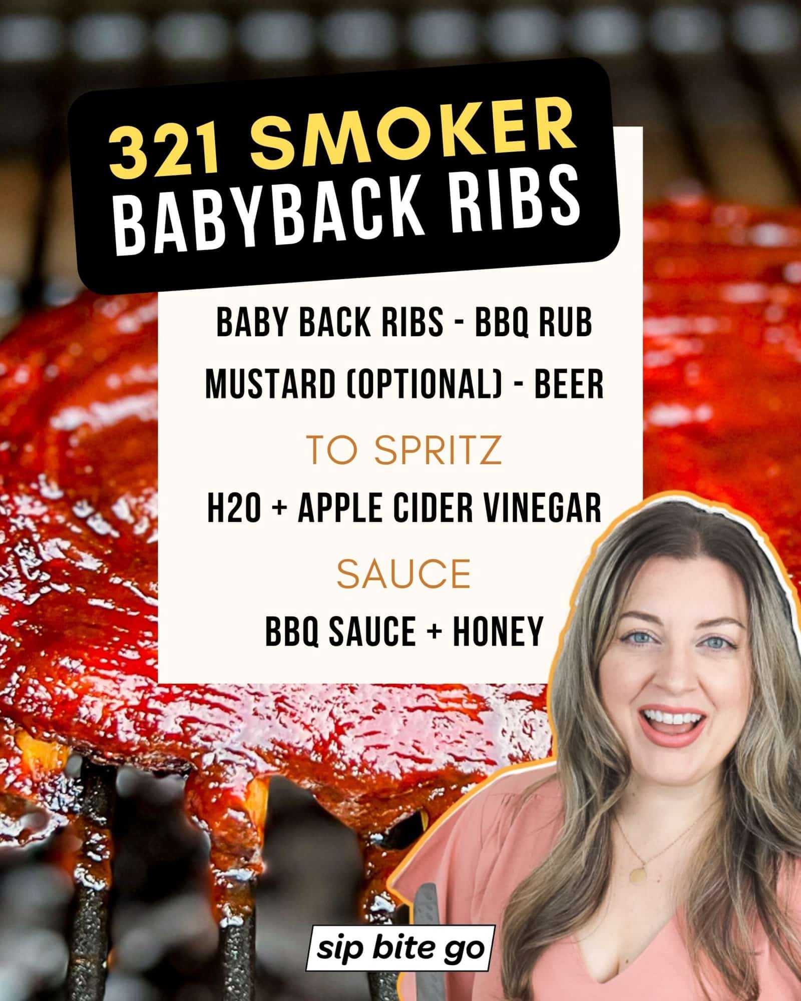 Infographic with list of ingredients to smoke baby back ribs with the 321 method