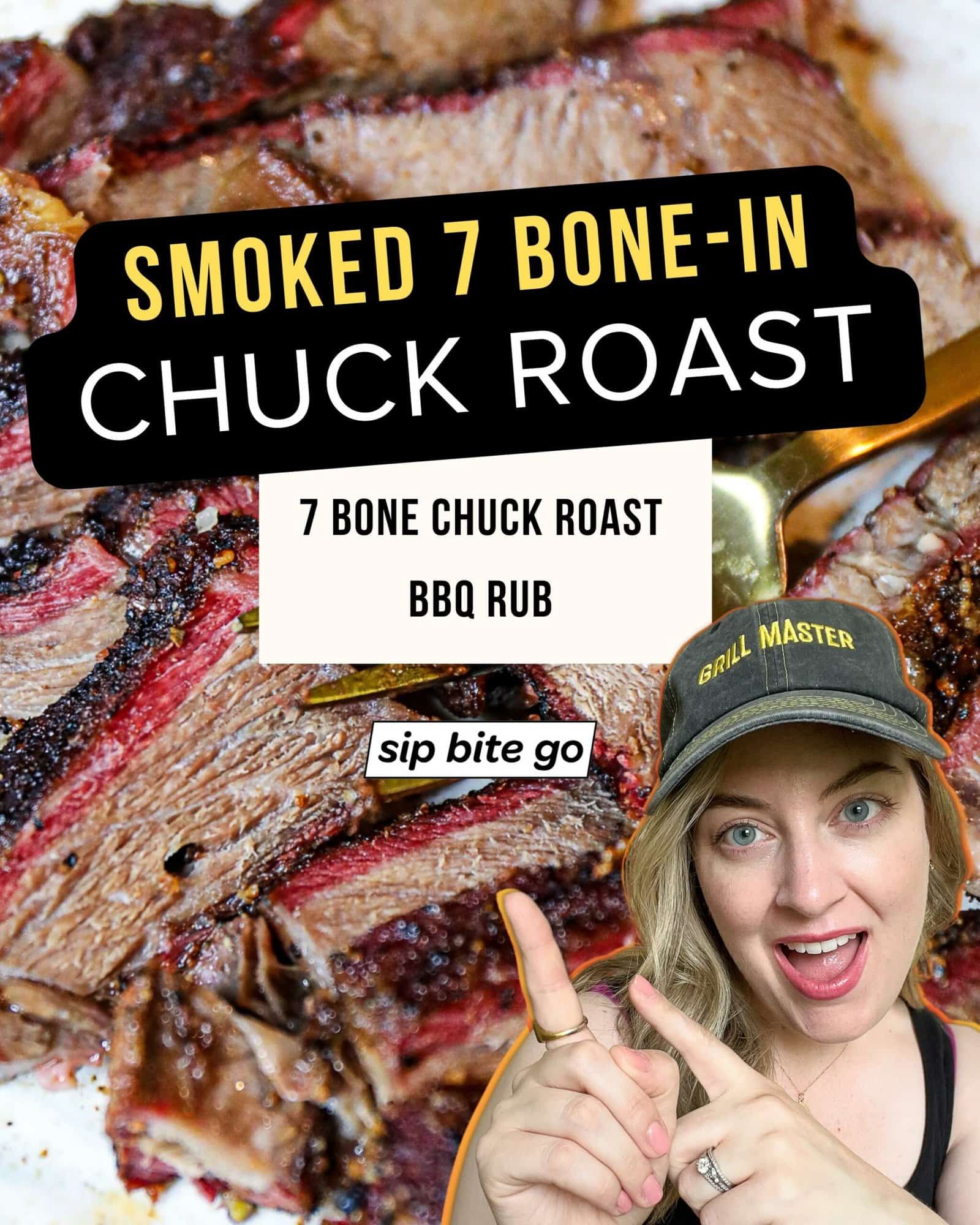 Infographic with recipe ingredients for smoking bone in chuck roast on the pellet grill