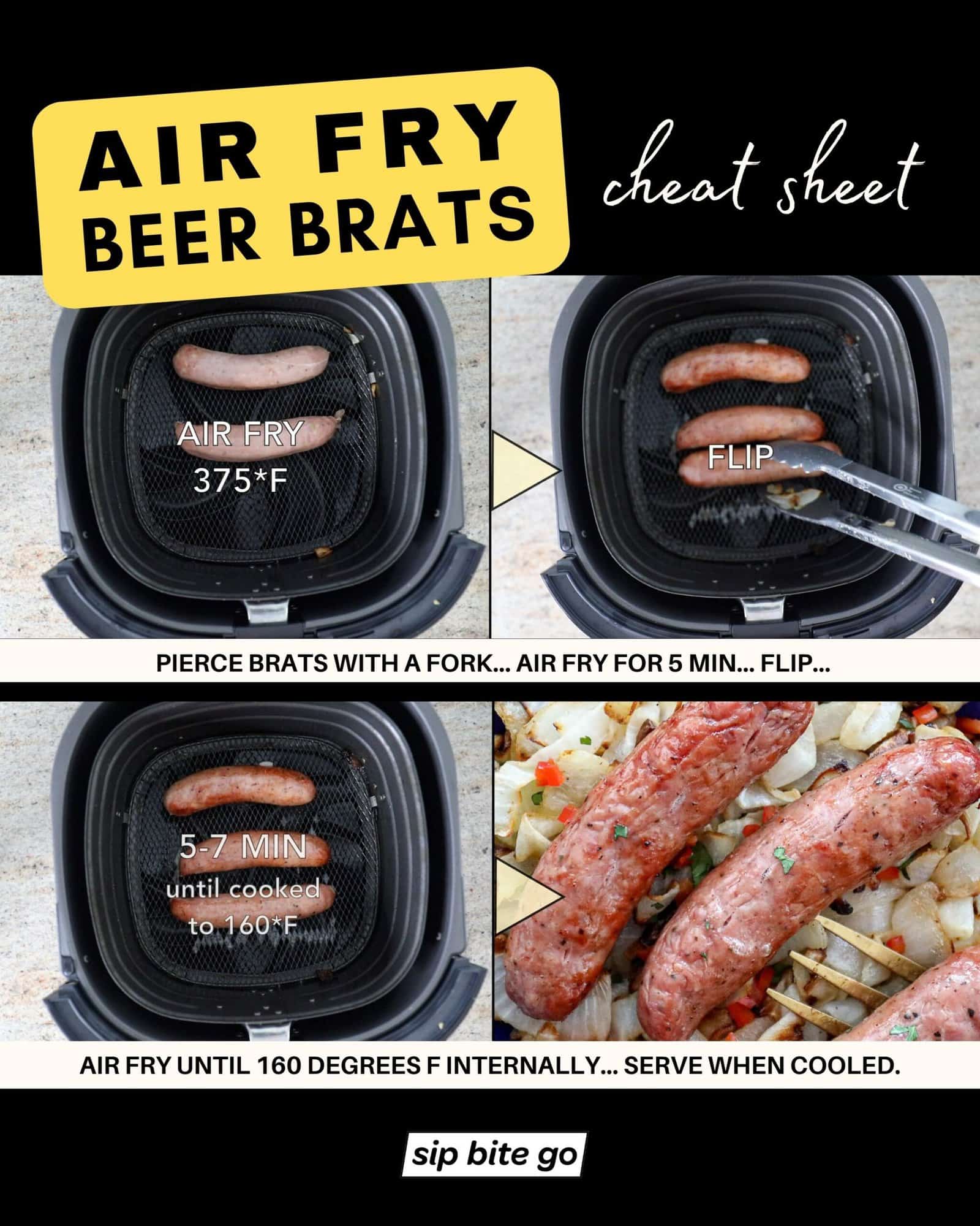 Infographic with recipe steps and captions for cooking air fryer beer brats