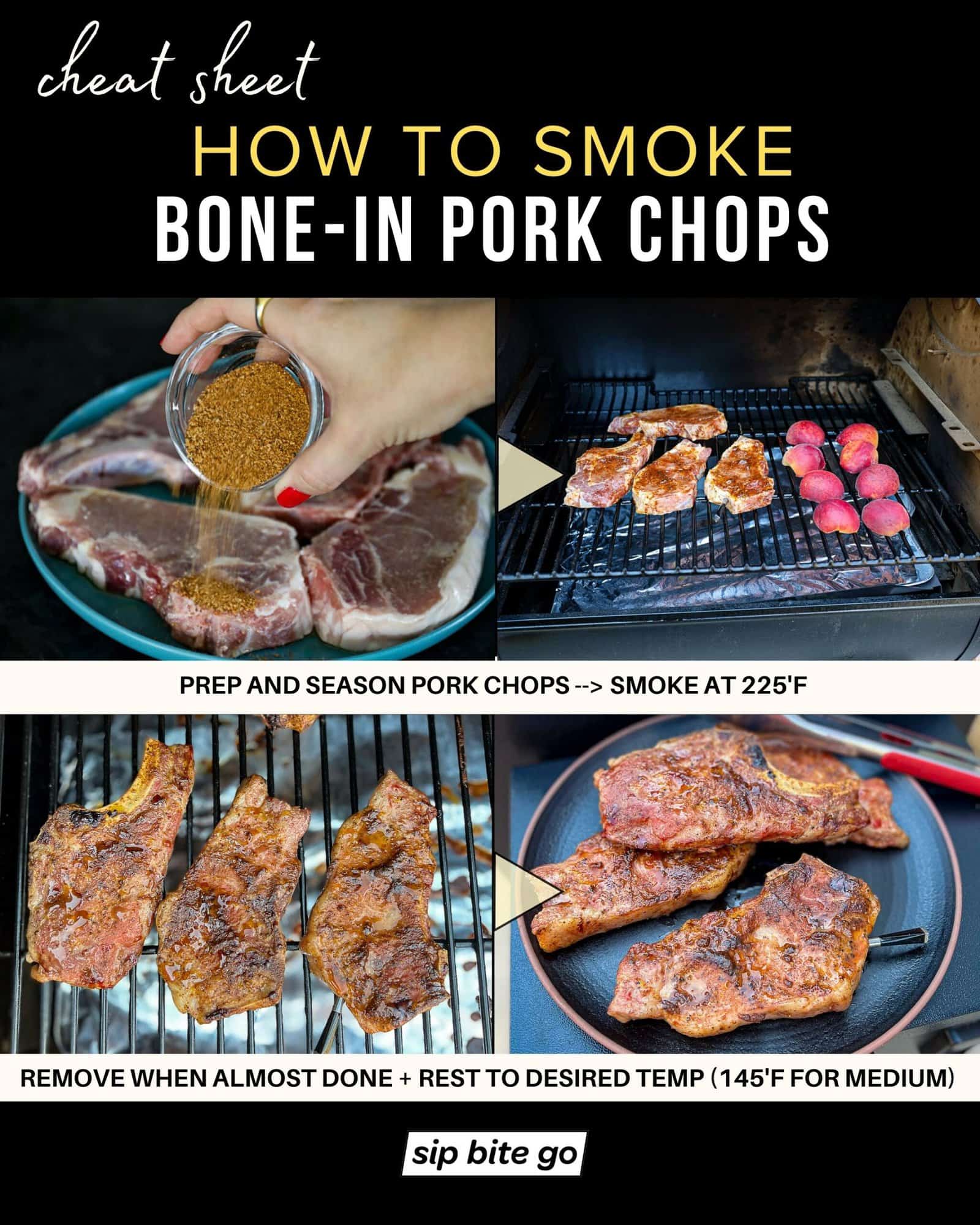 Infographic with recipe steps and captions for smoking bone in pork chops on the Traeger pellet grill
