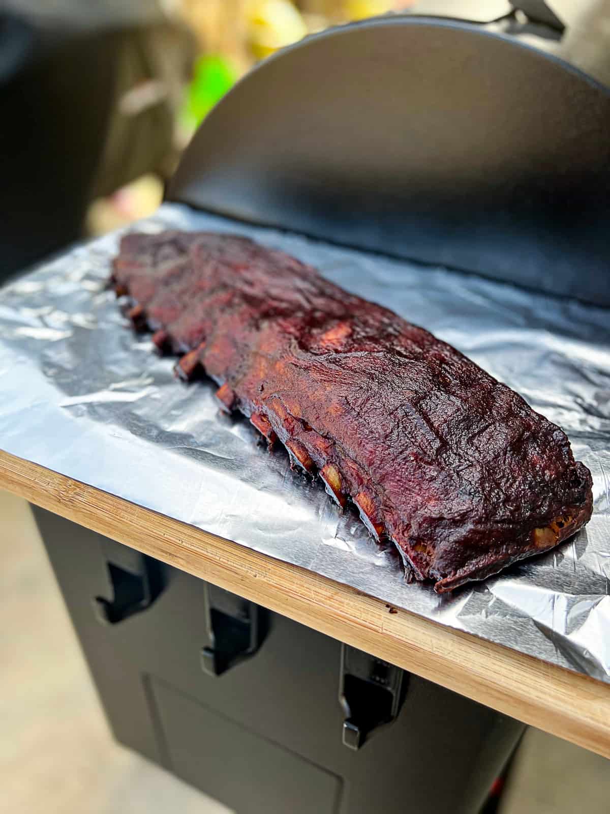 Rack of Traeger 321 Ribs Smoked with BBQ Sauce
