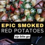 Recipe photos for Traeger smoked side dish red potatoes recipe with text overlay