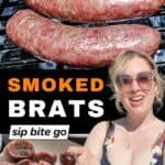 Traeger smoked brats recipe images with beer brats and text overlay