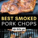 recipe images of smoked bone in pork chops on traeger pellet grill with text overlay