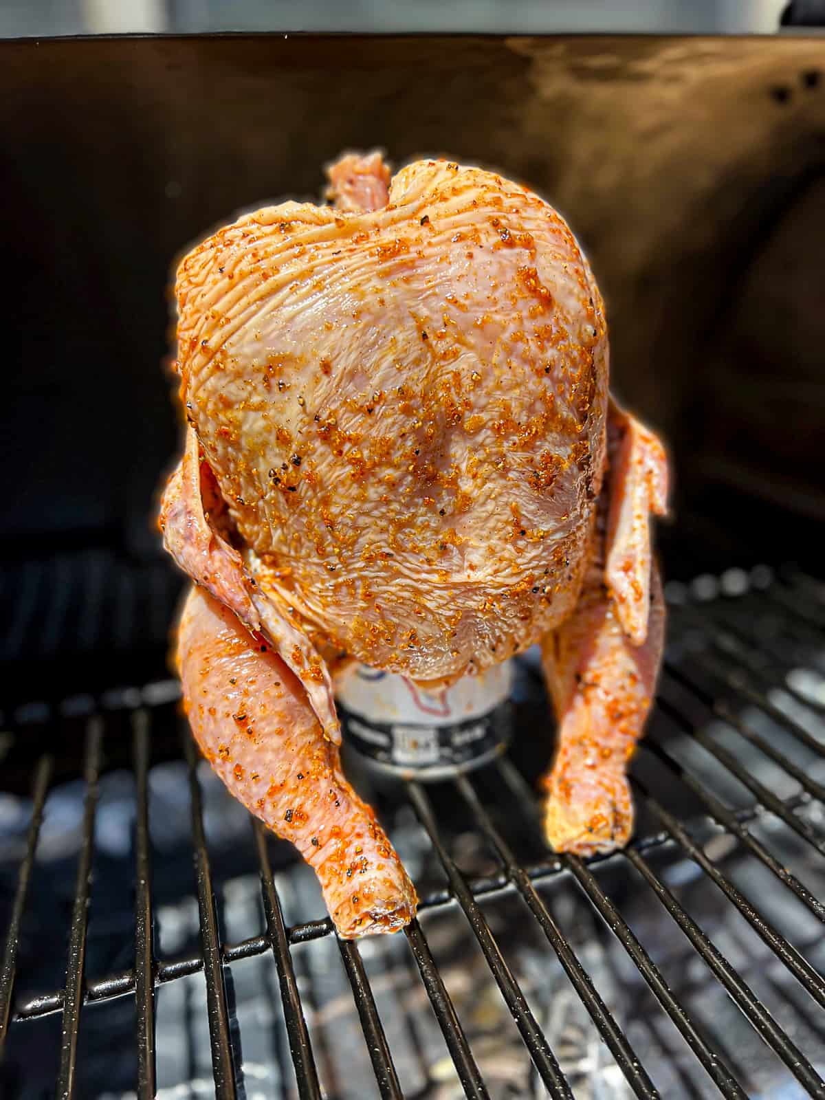 BBQ Smoked Beer Can Chicken Resting On Traeger Pellet Grill Grates