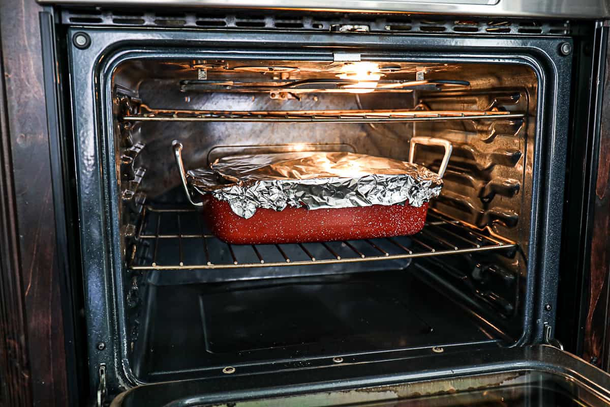 Brisket wrapped in foil in the oven