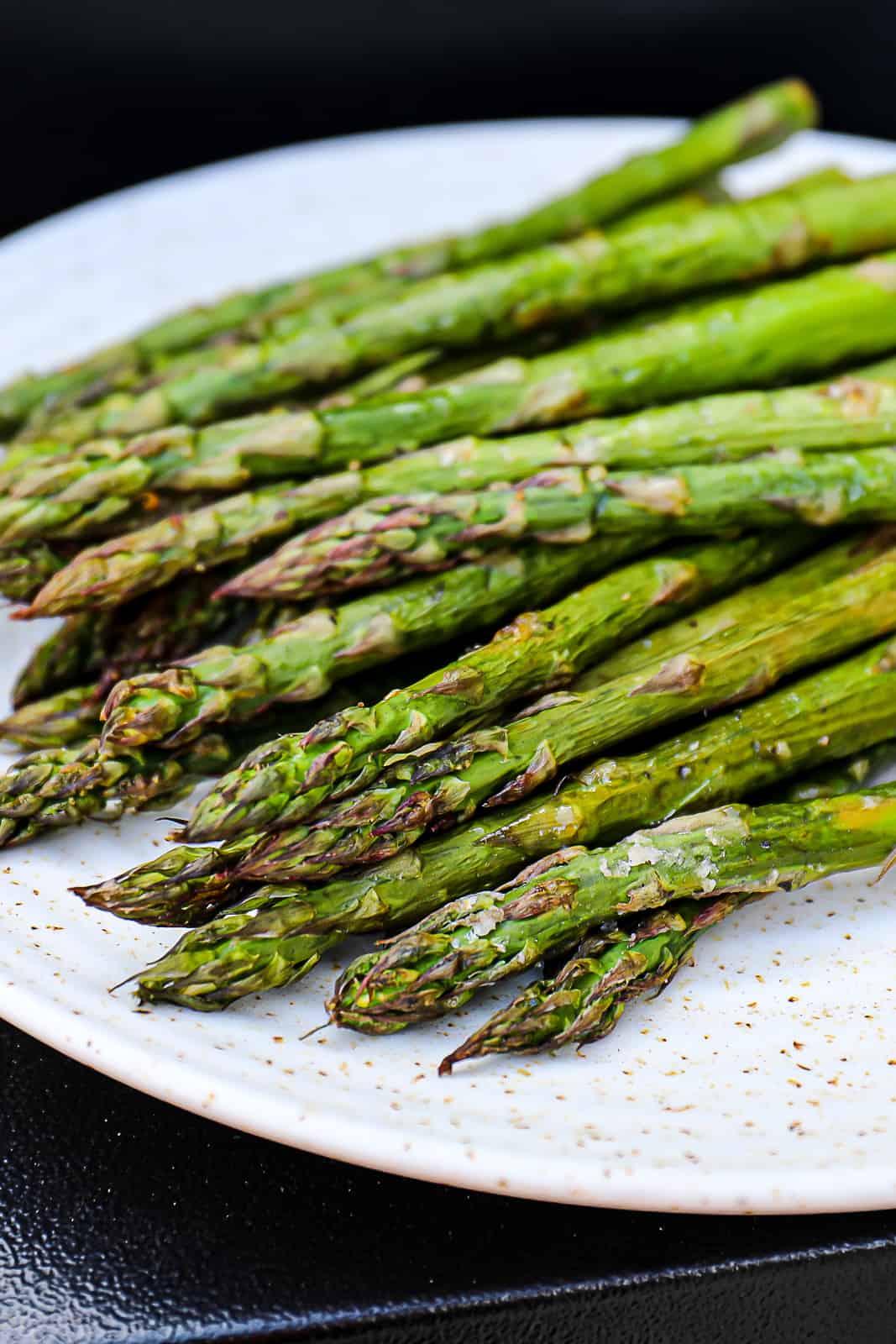 Closeup of recipe for Traeger Smoked Asparagus