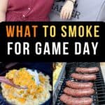 Collage of Traeger football food ideas with Jenna Passaro food blogger and text overlay what to smoked for game day