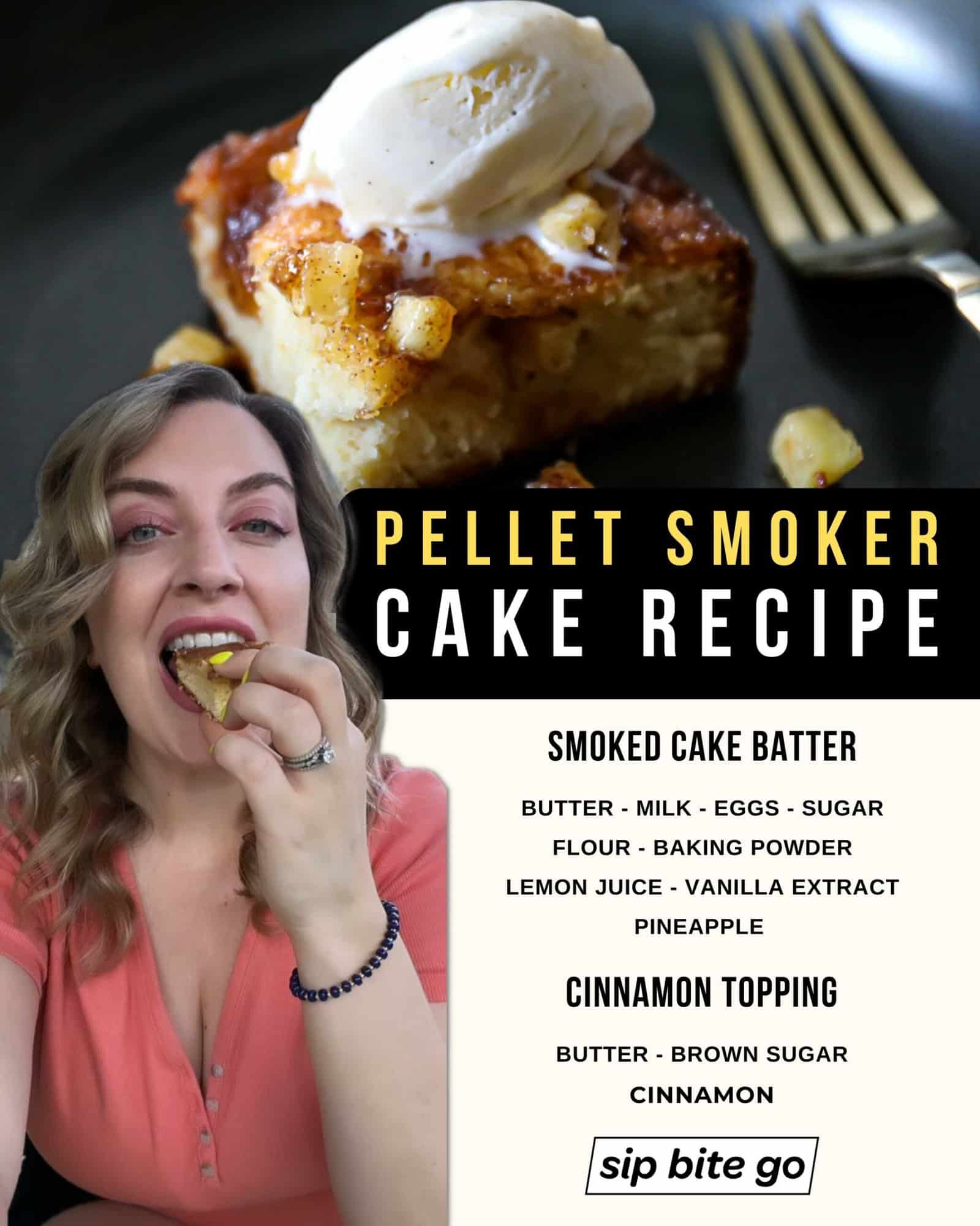 Infographic demonstrating recipe ingredients for making smoked cake with pineapple and cinnamon topping