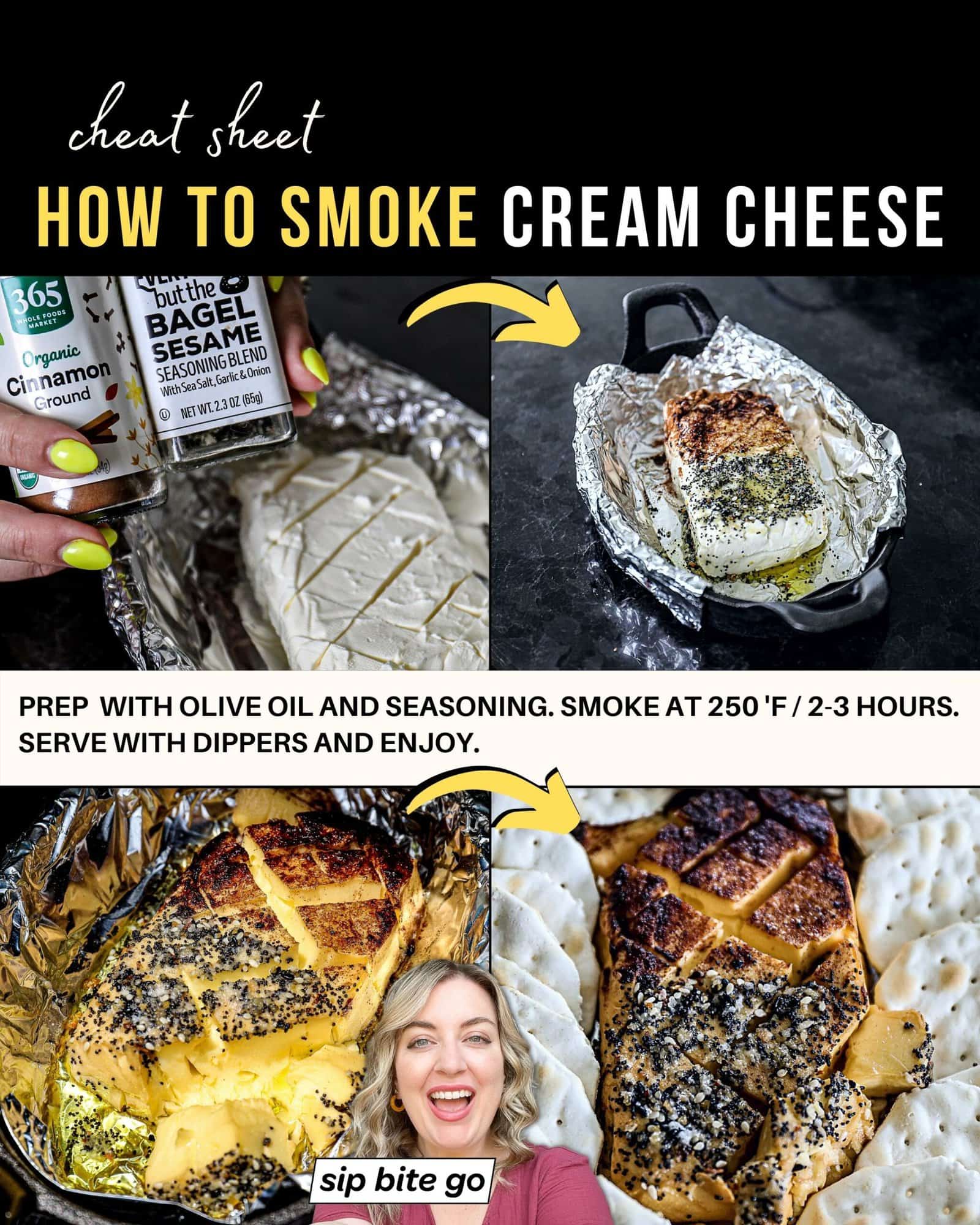 Infographic with recipe steps demonstrating smoking cream cheese on the Traeger with Jenna Passaro food blogger of Sip Bite Go